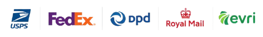 Logos of USPS, FedEx, DPD, Royal Mail, and Evri on a white background